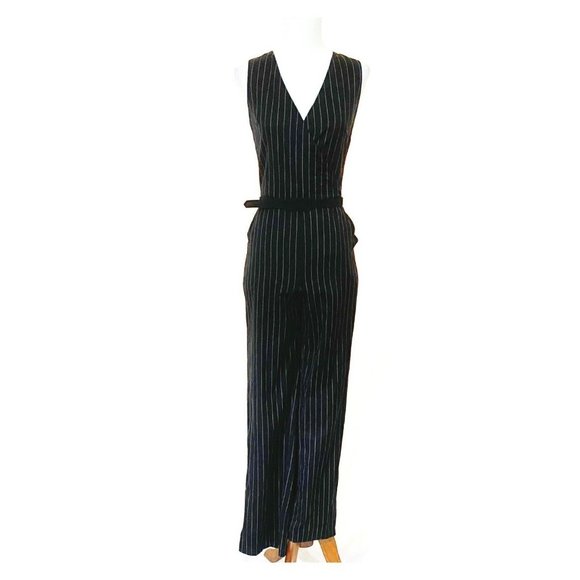 Lauren Ralph Lauren Sleeveless Faux Wrap Wool Pinstriped Jumpsuit - Picture 2 of 7